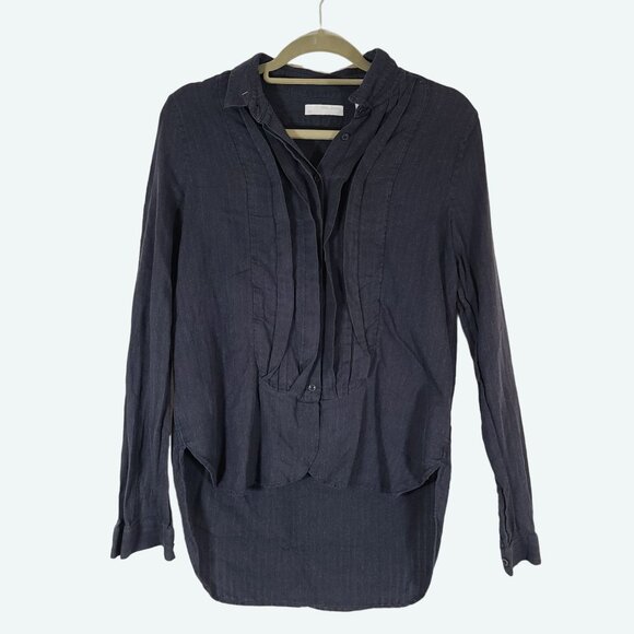 Sibel Saral Cotton Long Sleeve Button Pleated Front Hi-Low Blouse Dark Blue S - Picture 1 of 8